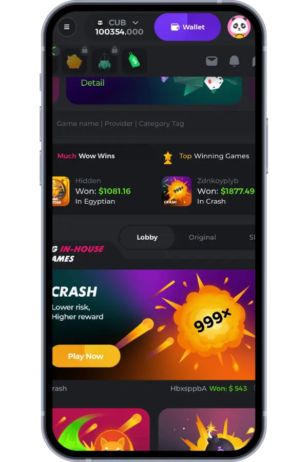 Nano Casino pääsivu mobiilissa – Crash-peli, suurimmat voitot ja lobby